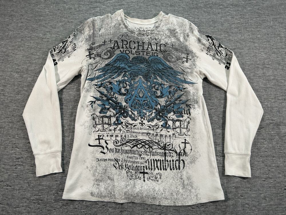 Archaic by Affliction Mens Large Thermal Shirt Wings Y2K Biker MMA Gothic Rock